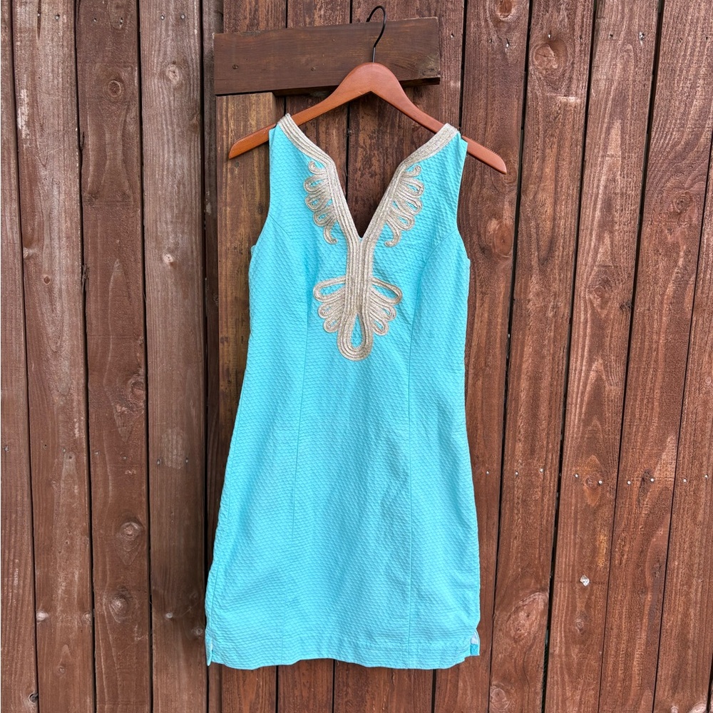 Lilly Pulitzer Turquoise Textured Gold Trim Neckline Sheath Dress *FLAWED*
